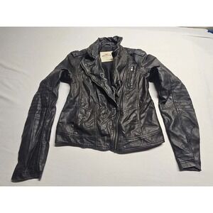 Hollister‎ Womens Black Faux Leather Moto Biker Jacket Ribbed Sleeve Large Used